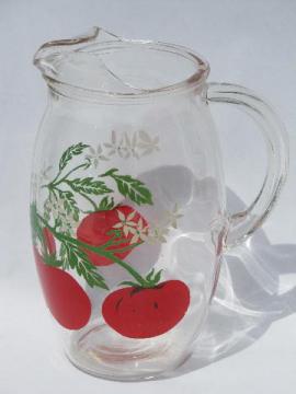 catalog photo of red tomatoes print, 1950s vintage kitchen glass tomato juice pitcher