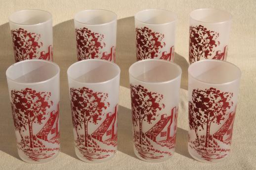 photo of red & white Currier and Ives drinking glasses, vintage glassware set of 8 tumblers #1