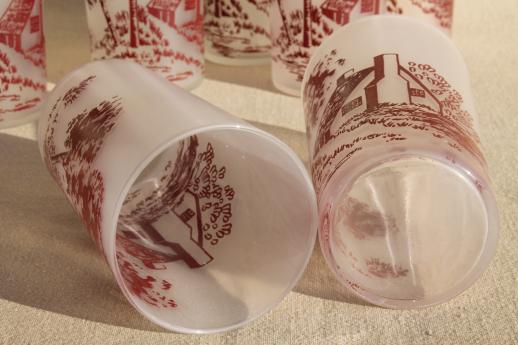 photo of red & white Currier and Ives drinking glasses, vintage glassware set of 8 tumblers #4