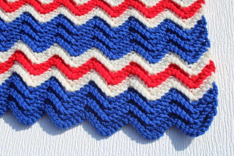 photo of red, white and blue crochet afghan 1970s vintage bicentennial ripple chevron stripes handmade  #2