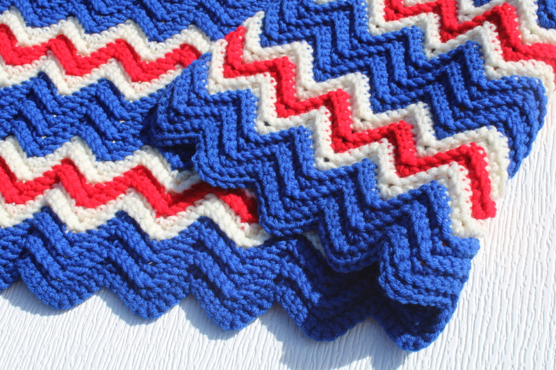 photo of red, white and blue crochet afghan 1970s vintage bicentennial ripple chevron stripes handmade  #3