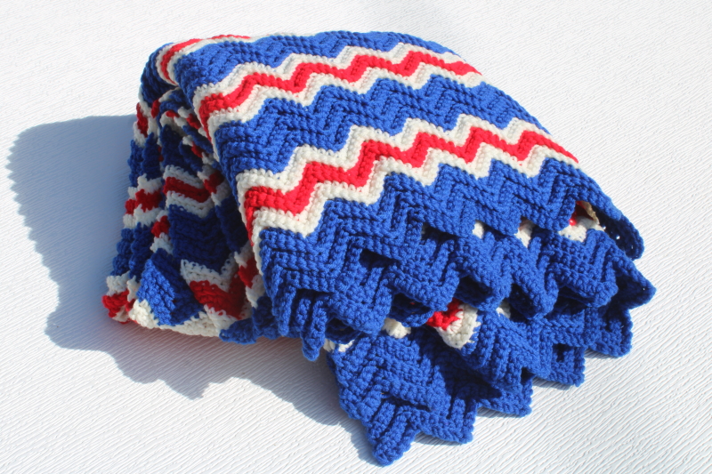 photo of red, white and blue crochet afghan 1970s vintage bicentennial ripple chevron stripes handmade  #4
