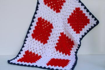 red, white, and blue granny squares crochet lap blanket, 4th of July afghan 