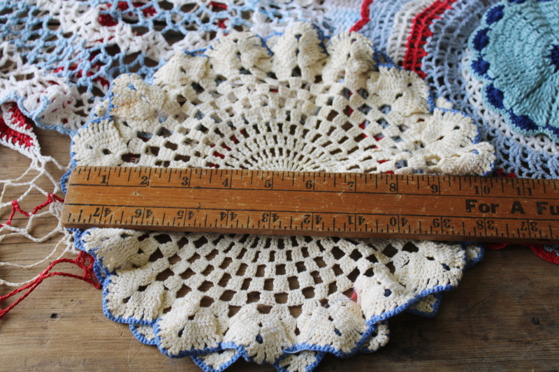 photo of red, white and blue vintage crochet cotton lace doilies, retro summer beach cottage boho decor  #2