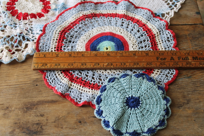 photo of red, white and blue vintage crochet cotton lace doilies, retro summer beach cottage boho decor  #3
