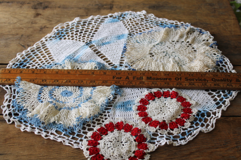 photo of red, white and blue vintage crochet cotton lace doilies, retro summer beach cottage boho decor  #5