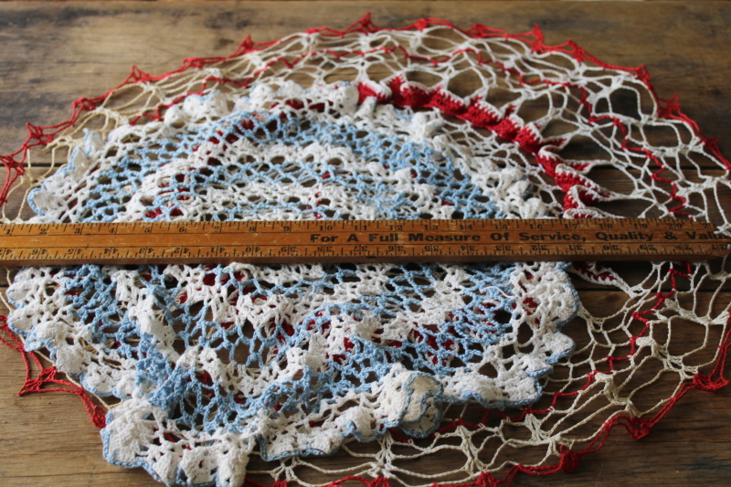 photo of red, white and blue vintage crochet cotton lace doilies, retro summer beach cottage boho decor  #6