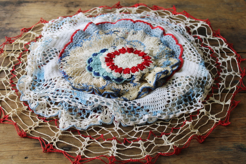 photo of red, white and blue vintage crochet cotton lace doilies, retro summer beach cottage boho decor  #8