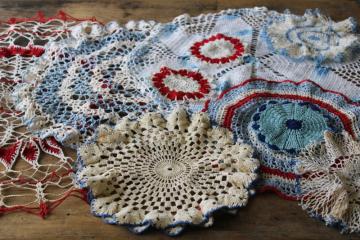 catalog photo of red, white and blue vintage crochet cotton lace doilies, retro summer beach cottage boho decor 
