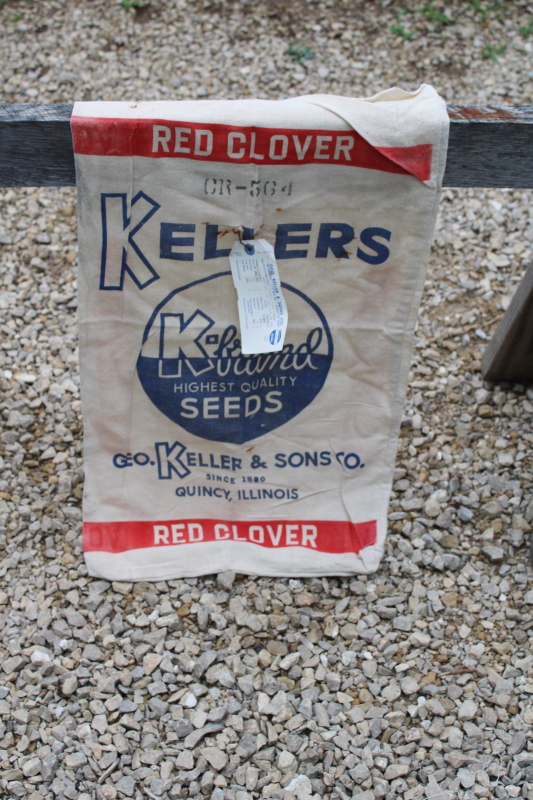 photo of red white blue clover seed sack, vintage printed cotton feedsack bag K Brand Quincy Illinois  #1