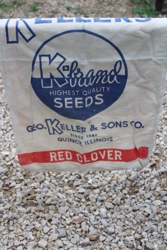 photo of red white blue clover seed sack, vintage printed cotton feedsack bag K Brand Quincy Illinois  #2