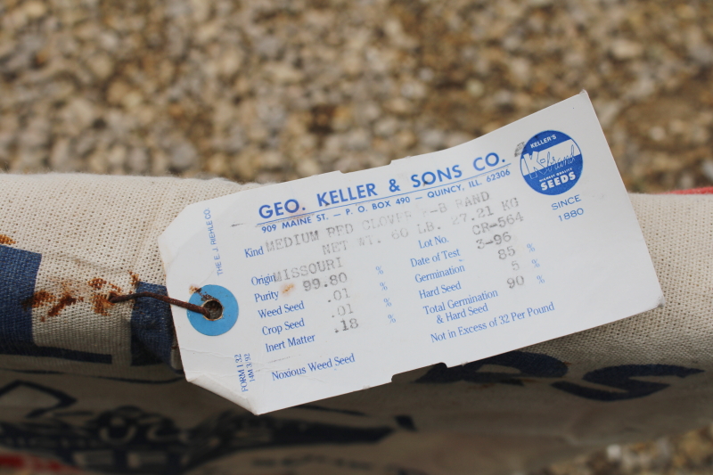 photo of red white blue clover seed sack, vintage printed cotton feedsack bag K Brand Quincy Illinois  #3