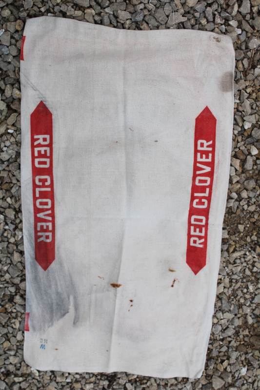 photo of red white blue clover seed sack, vintage printed cotton feedsack bag K Brand Quincy Illinois  #6