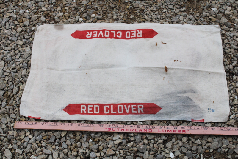 photo of red white blue clover seed sack, vintage printed cotton feedsack bag K Brand Quincy Illinois  #7