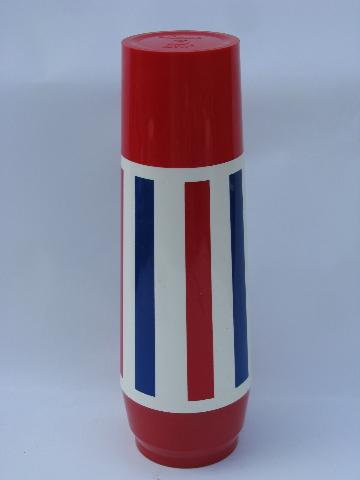 photo of red, white & blue retro striped plastic thermos, vintage Thermo-Serv #1