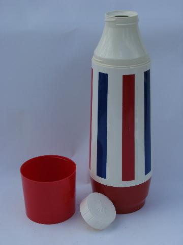 photo of red, white & blue retro striped plastic thermos, vintage Thermo-Serv #2