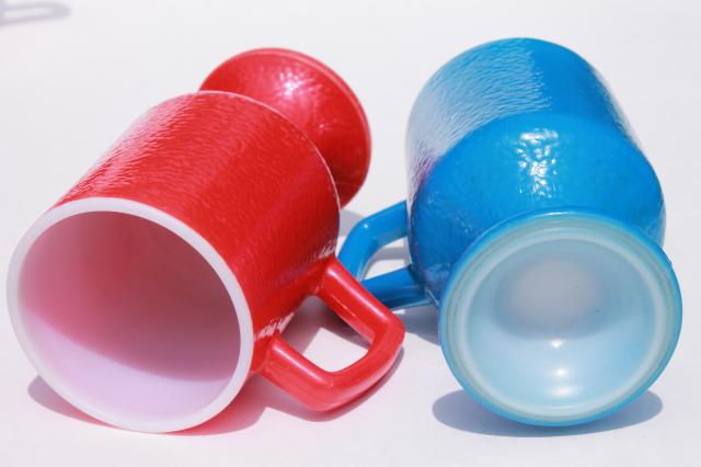 photo of red white & blue vintage milk glass mugs or tall cups, orange peel texture glass #6