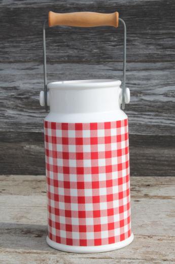 photo of red & white gingham checked ceramic spoon jar, cream can shape - vintage Enesco Japan #2