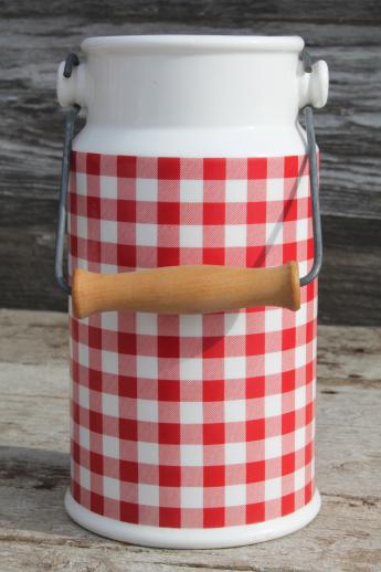 photo of red & white gingham checked ceramic spoon jar, cream can shape - vintage Enesco Japan #3