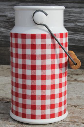 photo of red & white gingham checked ceramic spoon jar, cream can shape - vintage Enesco Japan #4