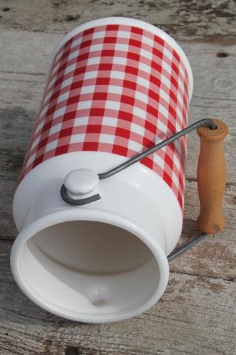 photo of red & white gingham checked ceramic spoon jar, cream can shape - vintage Enesco Japan #5