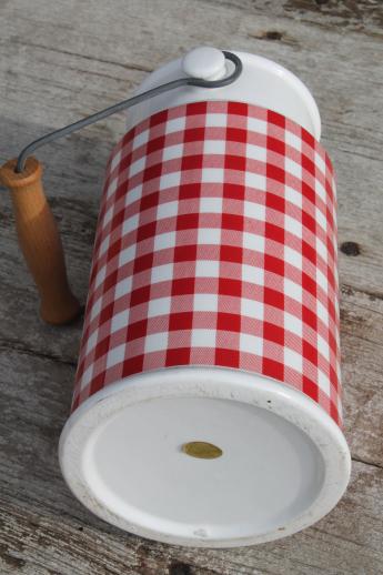 photo of red & white gingham checked ceramic spoon jar, cream can shape - vintage Enesco Japan #6