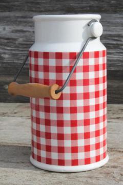 catalog photo of red & white gingham checked ceramic spoon jar, cream can shape - vintage Enesco Japan