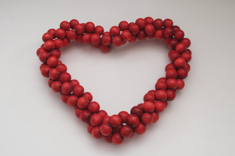 photo of red wood beads cranberries heart shape wreath or hanging, vintage country decor  #1