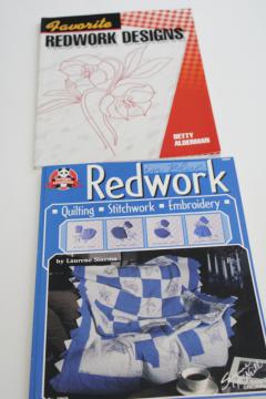 catalog photo of redwork embroidery books, full size vintage style designs to embroider red or blue