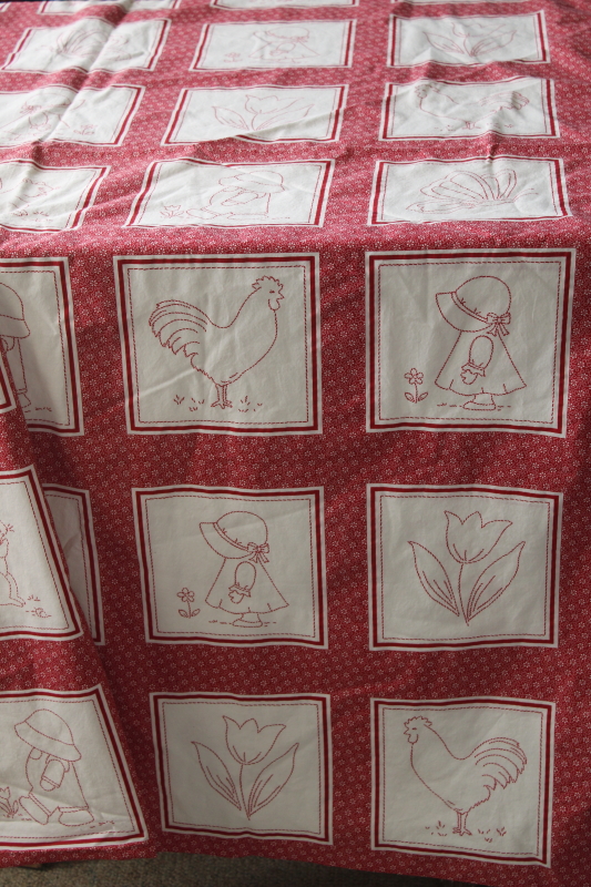 photo of redwork embroidery red calico print, vintage cotton fabric w/ printed patchwork blocks cheater quilt yardage #1