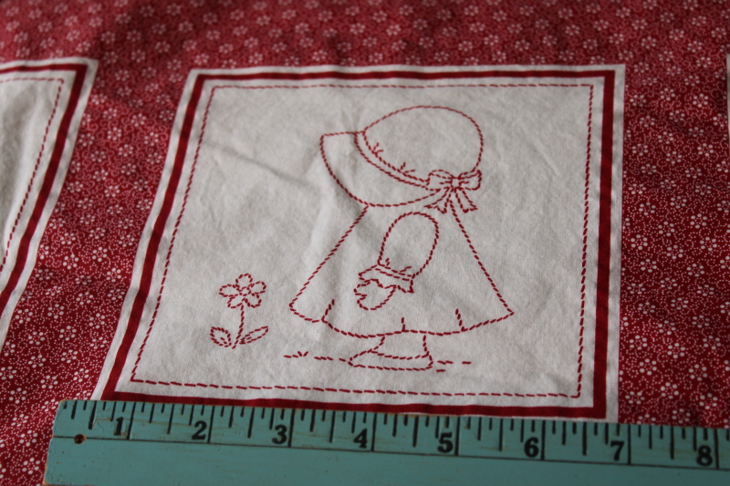 photo of redwork embroidery red calico print, vintage cotton fabric w/ printed patchwork blocks cheater quilt yardage #2