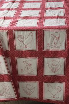 photo of redwork embroidery red calico print, vintage cotton fabric w/ printed patchwork blocks cheater quilt yardage