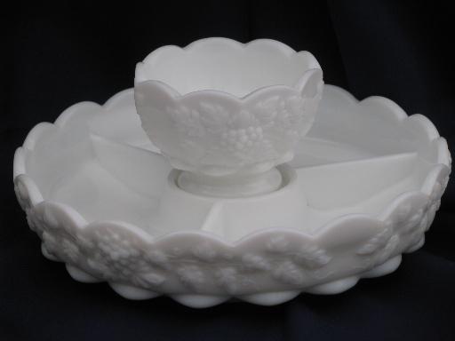 photo of relish tray and sauce bowl Westmoreland paneled grape vintage grapes milk glass #1