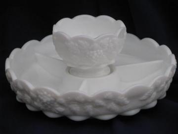 catalog photo of relish tray and sauce bowl Westmoreland paneled grape vintage grapes milk glass