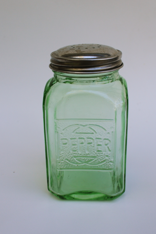 photo of reproduction vintage green depression glass jar, large pepper range shaker for kitchen #1