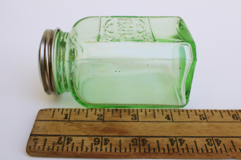 photo of reproduction vintage green depression glass jar, large pepper range shaker for kitchen #3