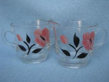 catalog photo of retro 1950s pink & black flowers hand-painted glass cream & sugar