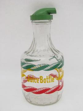 catalog photo of retro 1950s red / green / yellow striped glass refrigerator juice bottle