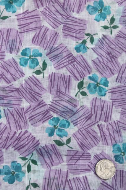 photo of retro 1950s vintage fine cotton lawn or voile w/ floral print lavender & aqua #1