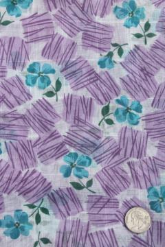 catalog photo of retro 1950s vintage fine cotton lawn or voile w/ floral print lavender & aqua