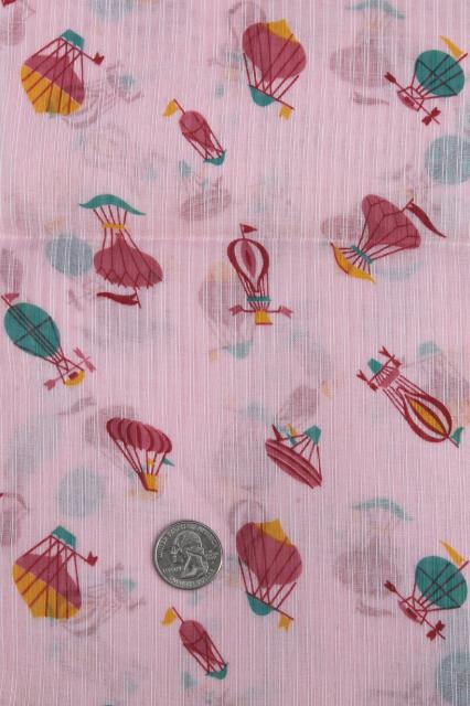 photo of retro 1950s vintage fine cotton lawn or voile w/ hot air balloons print on pink #3