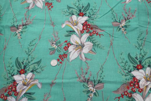 photo of retro 1950s vintage floral print cotton fabric, large lilies on jade green #1