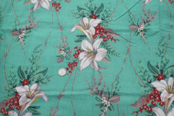 catalog photo of retro 1950s vintage floral print cotton fabric, large lilies on jade green