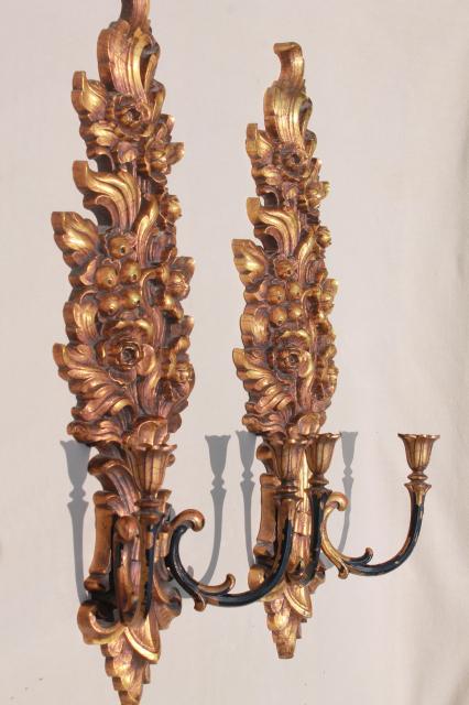 photo of retro 1970s vintage gold Syroco plastic wall sconce set, pair of huge candle sconces #1