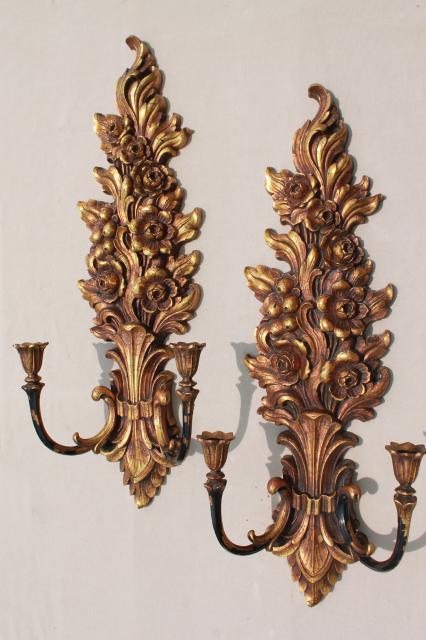 photo of retro 1970s vintage gold Syroco plastic wall sconce set, pair of huge candle sconces #5