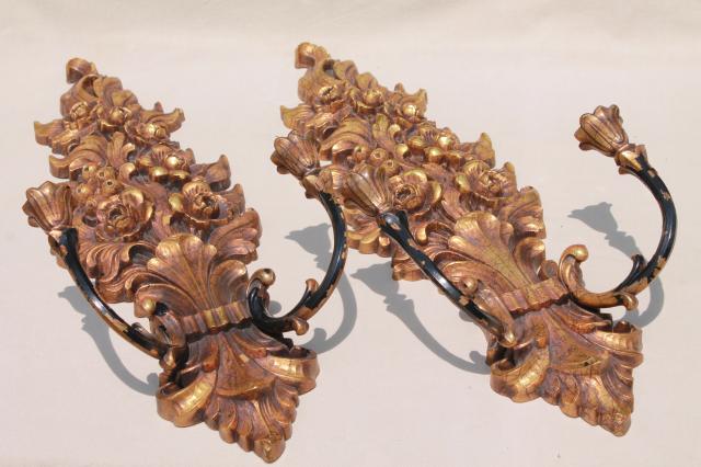 photo of retro 1970s vintage gold Syroco plastic wall sconce set, pair of huge candle sconces #11