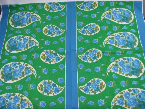 photo of retro 50's blue and green bands of roses print cotton fabric #1