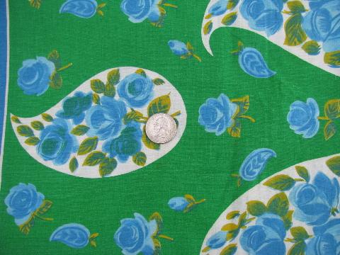 photo of retro 50's blue and green bands of roses print cotton fabric #2