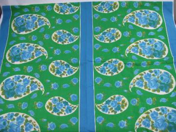 catalog photo of retro 50's blue and green bands of roses print cotton fabric