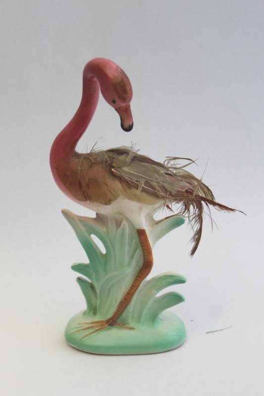 photo of retro 50s pink flamingo w/ feathers, kitschy vintage Japan ceramic figurine #1